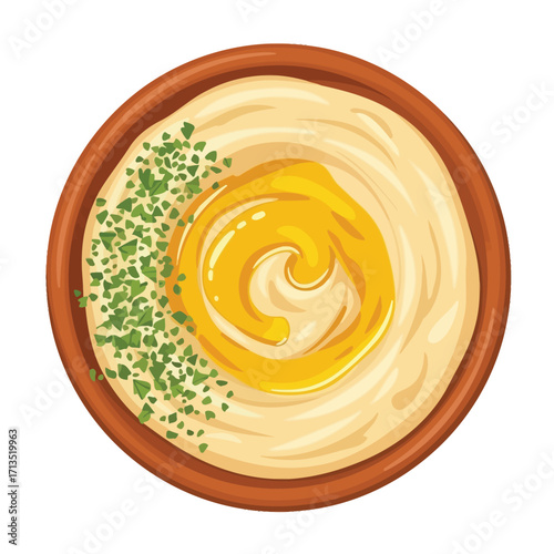 Delicious creamy hummus dip in a ceramic bowl with an olive oil swirl and chopped herbs, an isolated vector illustration