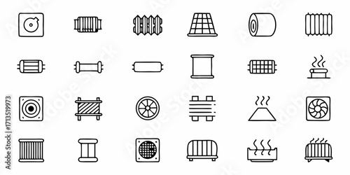Collection of heater and ventilation icons featuring radiators, fans, and heating elements in black outline