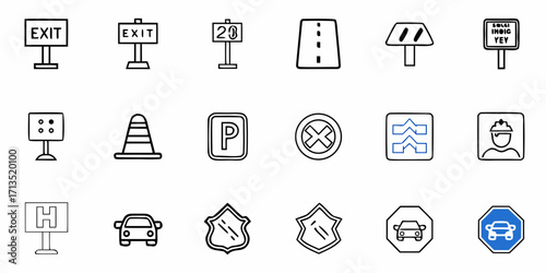 A collection of road signs and symbols featuring traffic and direction indicators in a line drawing style