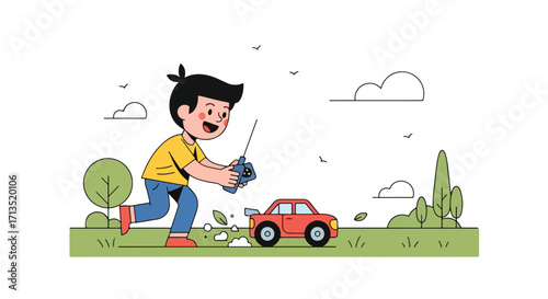 Adobe illustrator artwork vector illustration. A joyful boy runs across a grassy field, actively controlling a red remote-control car with a transmitter. Outdoor playtime, vector art
