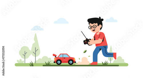 Adobe illustrator artwork vector illustration. A joyful boy runs across a grassy field, actively controlling a red remote-control car with a transmitter. Outdoor playtime, vector art
