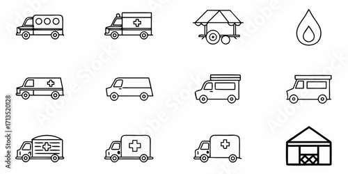 Illustration of various emergency vehicles, a water drop, a cart, and a tent on a white background