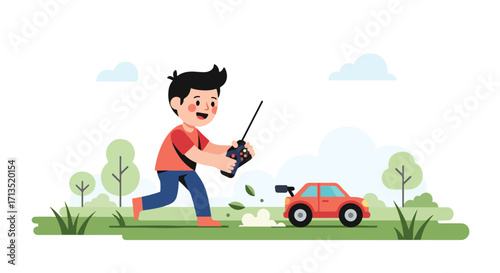 Adobe illustrator artwork vector illustration. A joyful boy runs across a grassy field, actively controlling a red remote-control car with a transmitter. Outdoor playtime, vector art
