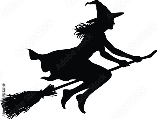 Black witch flying on broomstick silhouette halloween