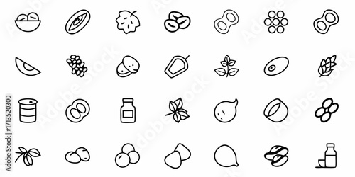 Collection of various food items and ingredients depicted as line art icons in a simple style