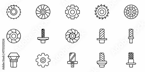 Illustration of various mechanical parts including gears screws and wheels in a line art style design