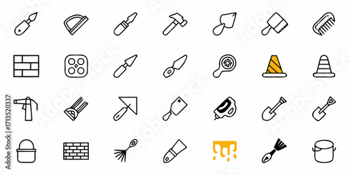 Illustration of construction tools and materials including brick wall and paint bucket icons set of twenty four