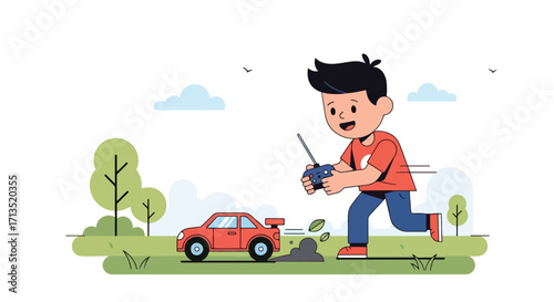 Adobe illustrator artwork vector illustration. A joyful boy runs across a grassy field, actively controlling a red remote-control car with a transmitter. Outdoor playtime, vector art
