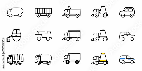 Collection of fifteen vehicle icons including trucks cars and agricultural equipment in black outline style