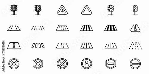 Illustration of various road signs and traffic signals including pedestrian crossings and warning symbols 100