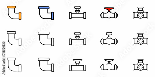Illustration of various types of pipes and valves arranged in a grid pattern on a white background