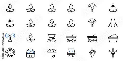 Line art icons depicting plants, irrigation, and agricultural tools in a simple and clean style design