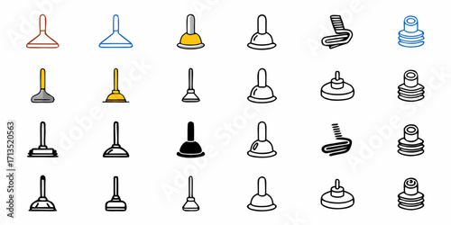 Depiction of various plungers in different styles and colors arranged in a grid pattern illustration