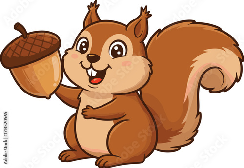 Cute cartoon squirrel holding acorn illustration, happy woodland animal character, forest wildlife mascot, adorable chipmunk vector design, nature themed artwork