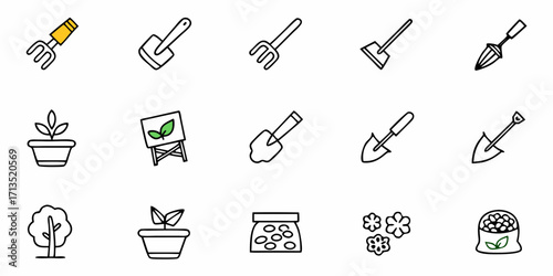 Illustration of gardening tools and plants including shovels, seeds, tree, and potted plants icons