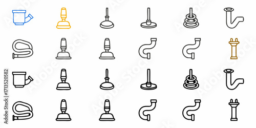Collection of plumbing tools and fixtures including plungers pipes and drains in outline style art
