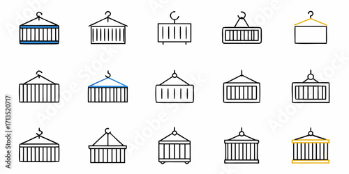 Fifteen container icons with various shapes and colors hanging from hooks in a grid arrangement