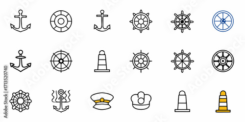 Collection of nautical themed icons including anchors ship wheels life preservers and captain hats and lighthouses