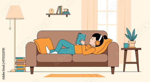 Adobe illustrator artwork vector illustration. A relaxed person with headphones lies comfortably on a sofa, enjoying reading a book in a cozy living room. Home leisure, vector art