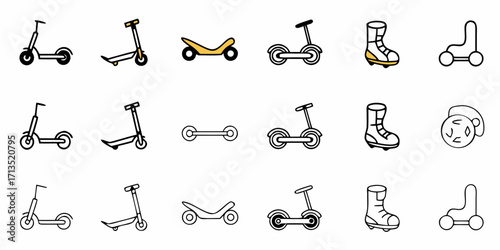 Illustration showing various types of scooters skateboards and roller skates in a simple line art style