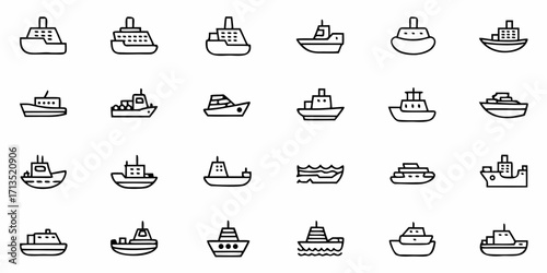 Collection of twenty one different boat icons in a grid pattern, all in a simple line art style