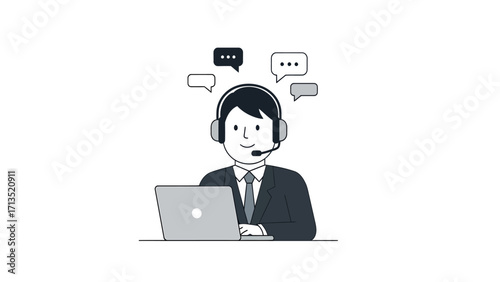 Customer service representative wearing headset with microphone, working on laptop with speech bubbles indicating communication and conversation, stylized flat illustration