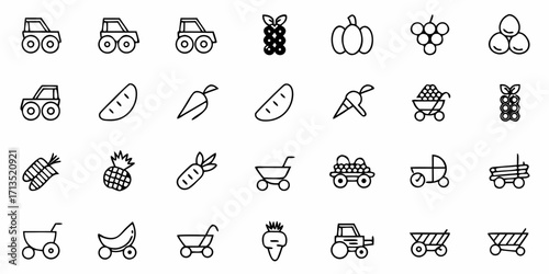 Illustration featuring agricultural elements including tractors produce and various types of carts and wagons