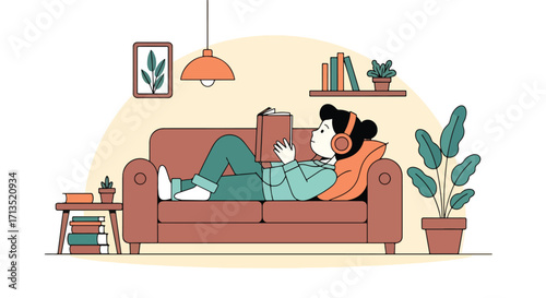Adobe illustrator artwork vector illustration. A relaxed person with headphones lies comfortably on a sofa, enjoying reading a book in a cozy living room. Home leisure, vector art