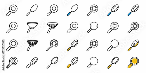 Collection of various magnifying glass and sieve icons arranged in a grid pattern with color accents