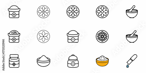 Collection of outline style spa and aromatherapy icons including bowls flowers and bottles in a grid layout