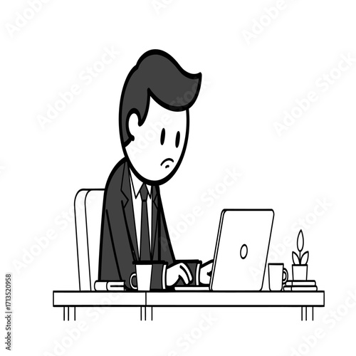 A sad and stressed cartoon businessman working long hours on a laptop at an office desk. A simple monochrome illustration depicting corporate burnout and fatigue