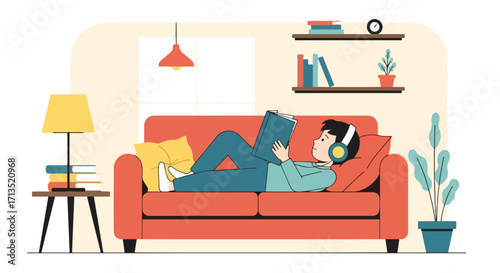Adobe illustrator artwork vector illustration. A relaxed person with headphones lies comfortably on a sofa, enjoying reading a book in a cozy living room. Home leisure, vector art