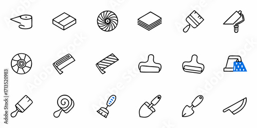 Illustration of various construction and gardening tools including trowels and paint supplies icons