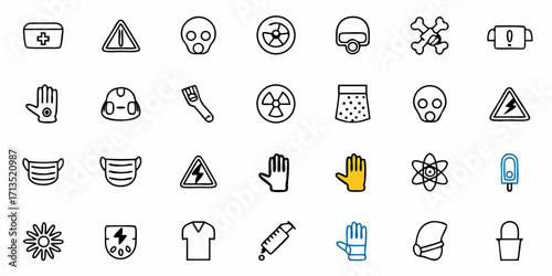 Illustration featuring various hazard symbols and safety equipment icons arranged in a grid pattern design
