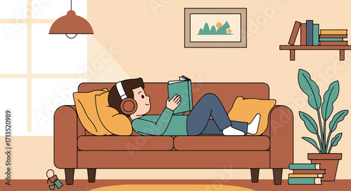 Adobe illustrator artwork vector illustration. A relaxed person with headphones lies comfortably on a sofa, enjoying reading a book in a cozy living room. Home leisure, vector art