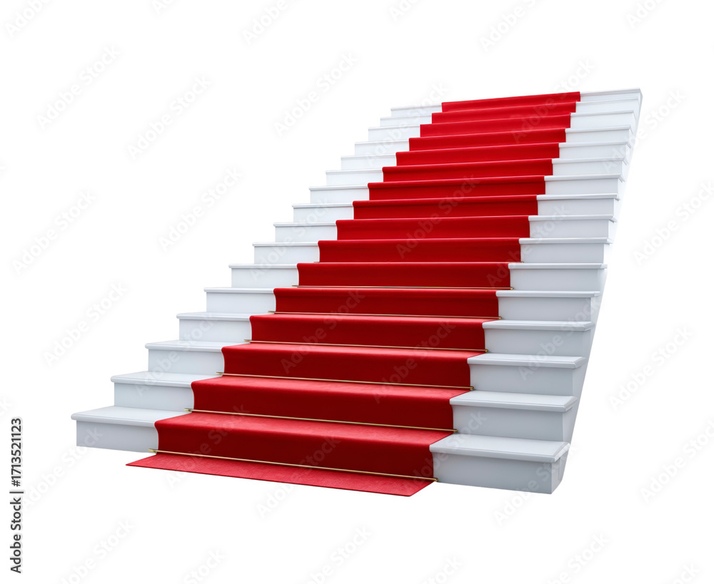 Obraz premium Elegant red carpet on white staircase with step number feature on transparent background, PNG