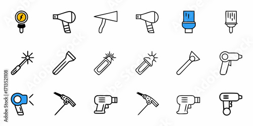Illustration of various tools including flashlights hair dryers paint brushes and welding guns in black outline