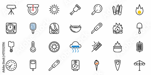 Illustration of camping related icons including sun thermometer fire and cooking equipment in black and white