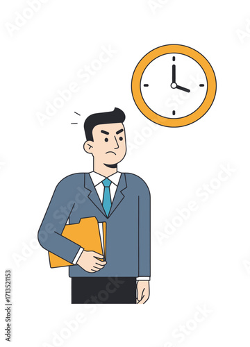 Angry Office Worker Waiting for Clock to Strike with Yellow Background