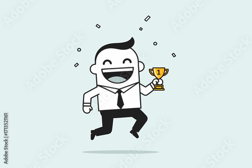 A joyful cartoon businessman celebrates a major achievement by jumping with a first place trophy, symbolizing success and victory