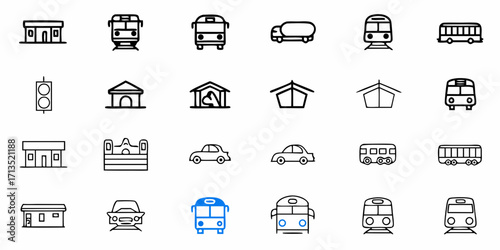 Illustration of various transportation vehicles and buildings in a simple black and white line art style