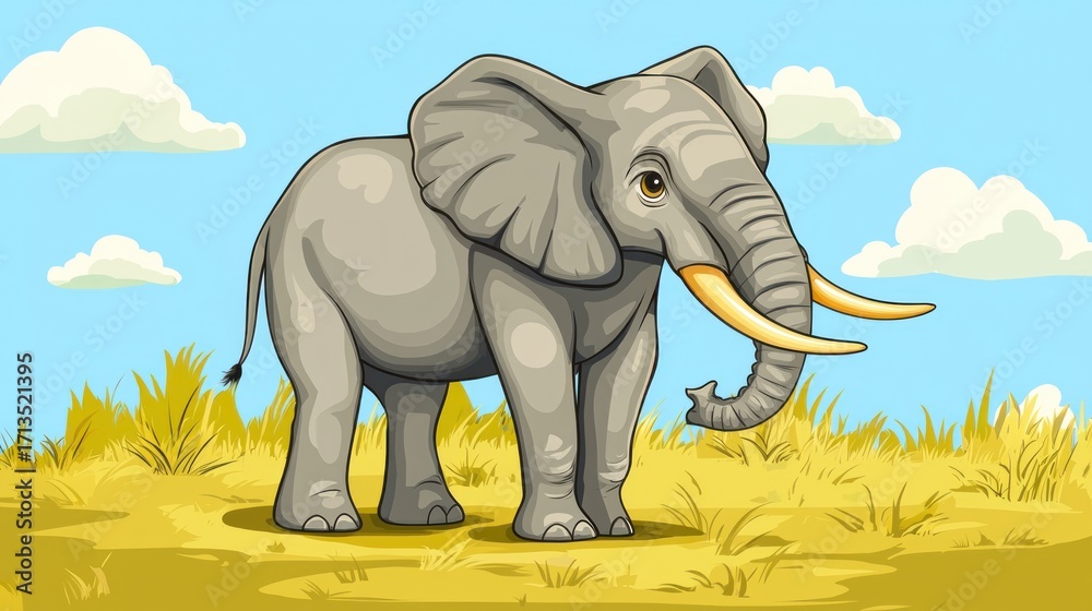 Fototapeta premium A cartoon elephant standing in a grassy field with clouds in the background.