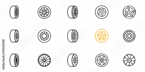 Collection of fifteen stylized car wheel icons with varying spoke designs and one gold wheel design 100