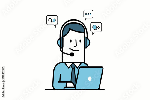 Illustration of a helpful online support agent with a headset and laptop, delivering efficient customer service, remote assistance, and virtual communication