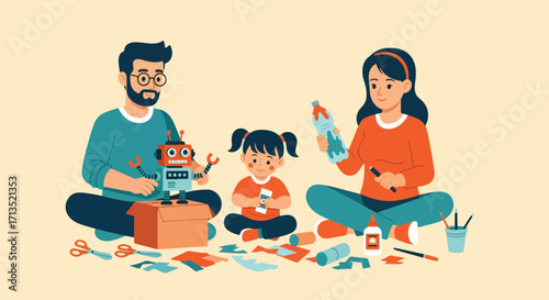 Adobe illustrator artwork vector illustration. A family-father, mother, and child-sits on the floor, happily engaged in a DIY recycling and crafting project. Sustainability, vector art