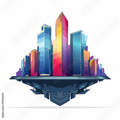 Vibrant vector illustration of a futuristic floating island city with colorful skyscrapers