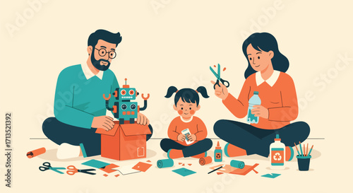 Adobe illustrator artwork vector illustration. A family-father, mother, and child-sits on the floor, happily engaged in a DIY recycling and crafting project. Sustainability, vector art
