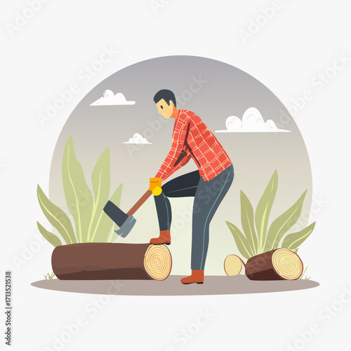 A strong man in a plaid shirt splits firewood with an axe. Rustic outdoor lifestyle and manual labor concept illustration