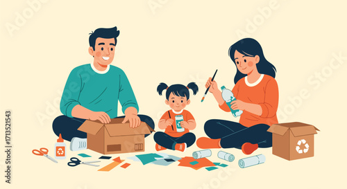 Adobe illustrator artwork vector illustration. A family-father, mother, and child-sits on the floor, happily engaged in a DIY recycling and crafting project. Sustainability, vector art