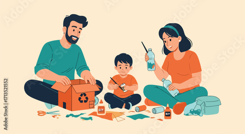 Adobe illustrator artwork vector illustration. A family-father, mother, and child-sits on the floor, happily engaged in a DIY recycling and crafting project. Sustainability, vector art